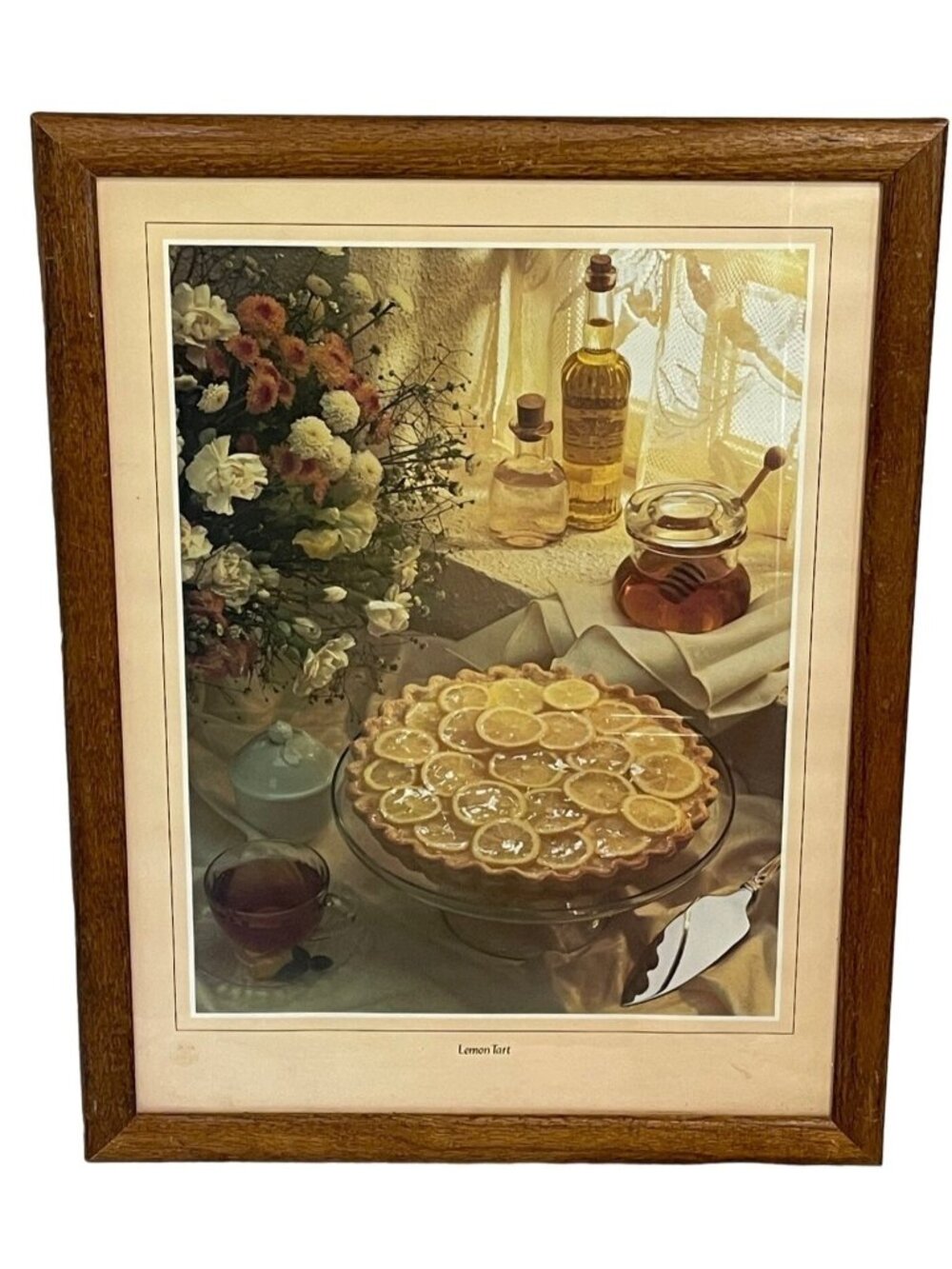vintage lemon tart wood framed glass front art work food floral tea 26x20" READ